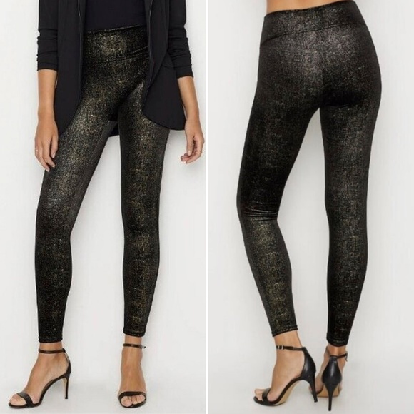 SPANX Pants - SPANX Velvet Shine Leggings Size M Black Gold Metallic High Rise Party Pants EUC